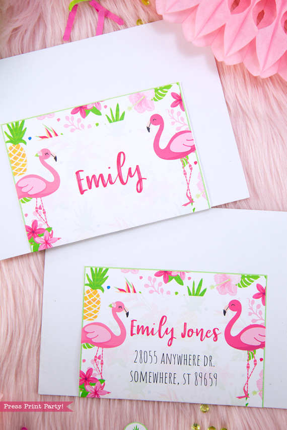 Flamingo party Invitation envelopes with labels with girl and boy pink flamingos - Printables by Press Print Party!