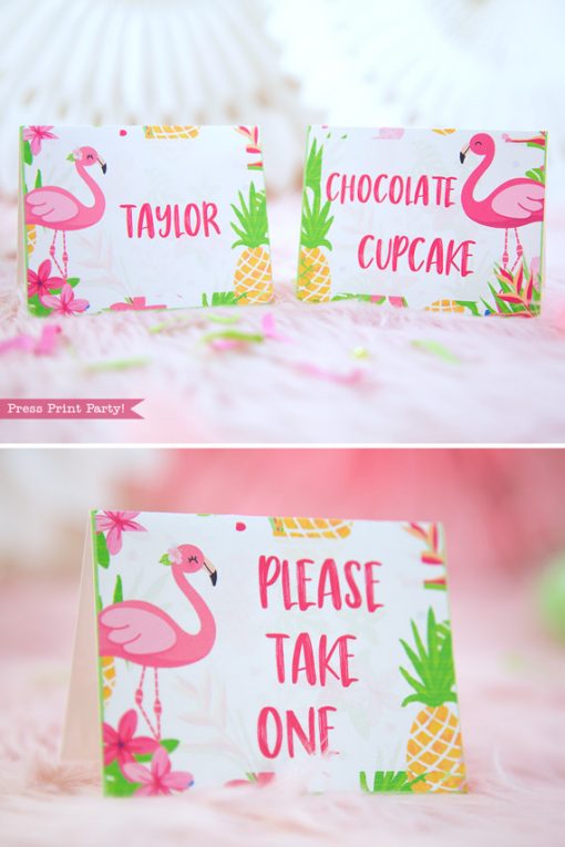 Flamingo party place cards with girl and boy flamingo - Printables by Press Print Party!