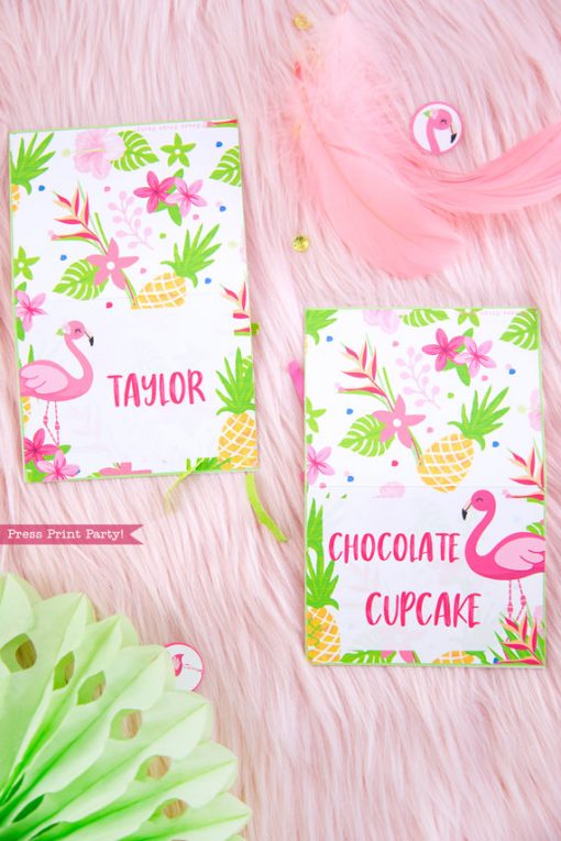 Flamingo party place cards with girl and boy flamingo - Printables by Press Print Party!