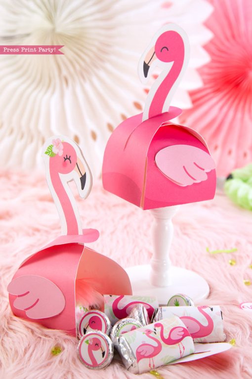 Flamingo party favor boxes and favor bags with girl and boy pink flamingos - Printables by Press Print Party!