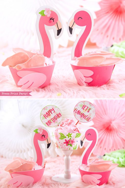 Flamingo party cupcake wrappers and toppers with girl and boy pink flamingos - Printables by Press Print Party!