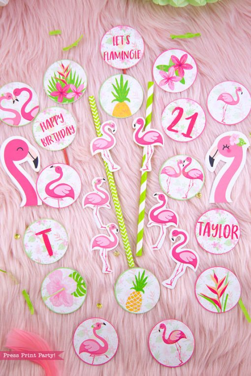 Flamingo party cupcake wrappers and toppers with girl and boy pink flamingos - Printables by Press Print Party!