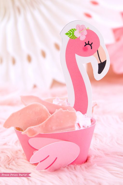 Flamingo party cupcake wrappers and toppers with girl and boy pink flamingos - Printables by Press Print Party!