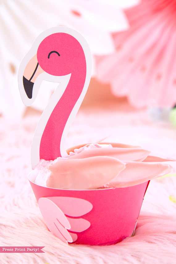 Flamingo party cupcake wrappers and toppers with girl and boy pink flamingos - Printables by Press Print Party!