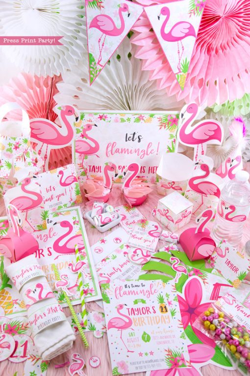 Flamingo party diy bundle with girl and boy pink flamingos - Printables by Press Print Party!