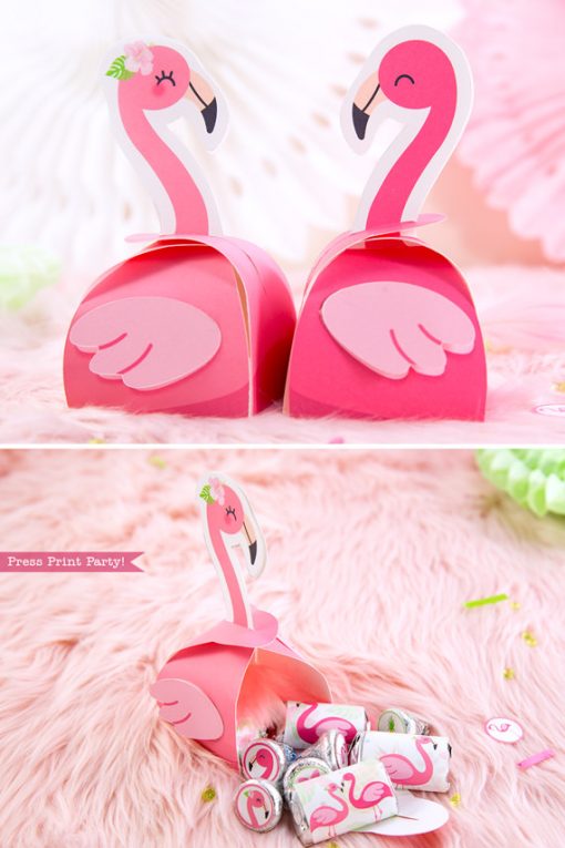 Flamingo party favor boxes DIY with boy and girl pink flamingos - Printables by Press Print Party!