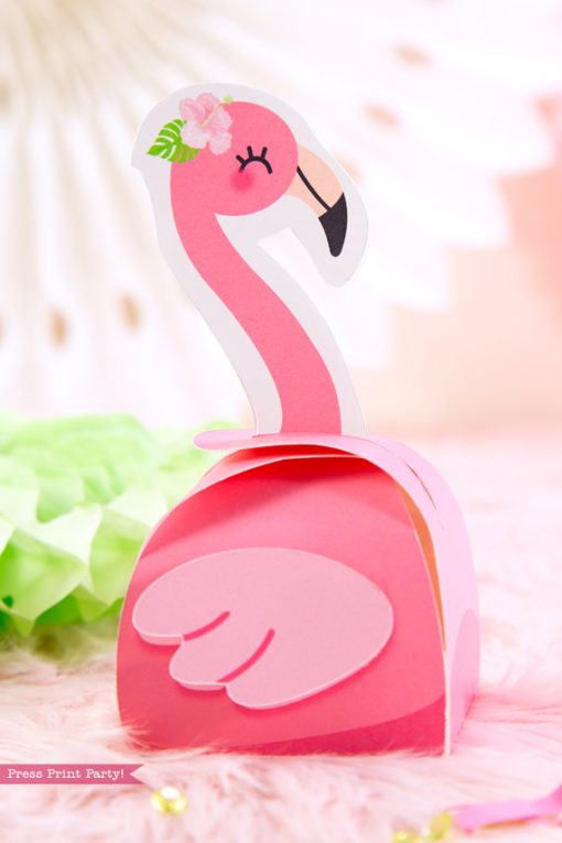 Flamingo party favor boxes DIY with girl pink flamingos - Printables by Press Print Party!