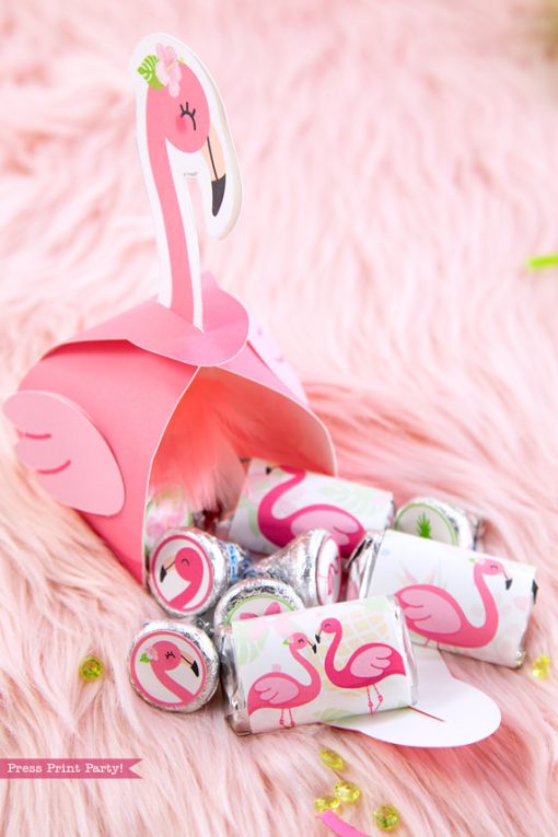 Flamingo party favor boxes DIY with girl pink flamingos and chocolate and kisses inside - Printables by Press Print Party!