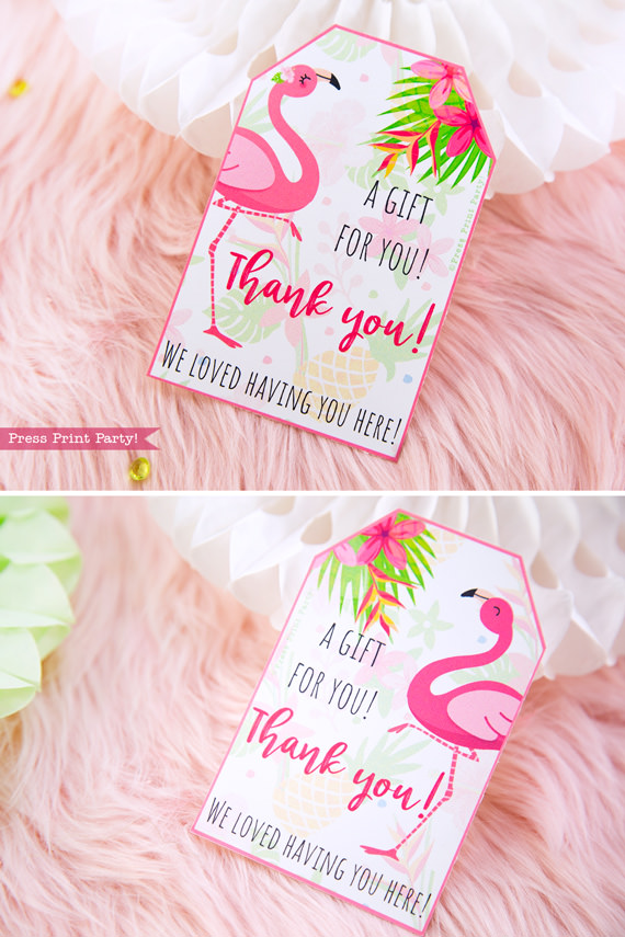 Flamingo party favor tags with girl and boy pink flamingos - Printables by Press Print Party!