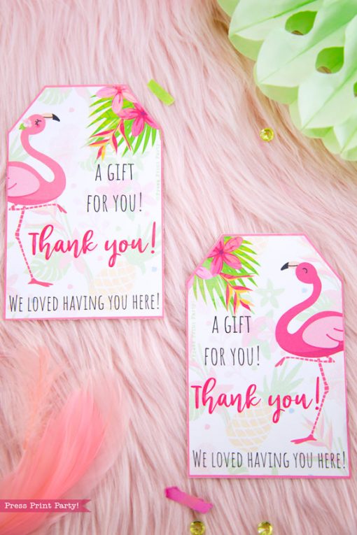 Flamingo party favor tags with girl and boy pink flamingos - Printables by Press Print Party!