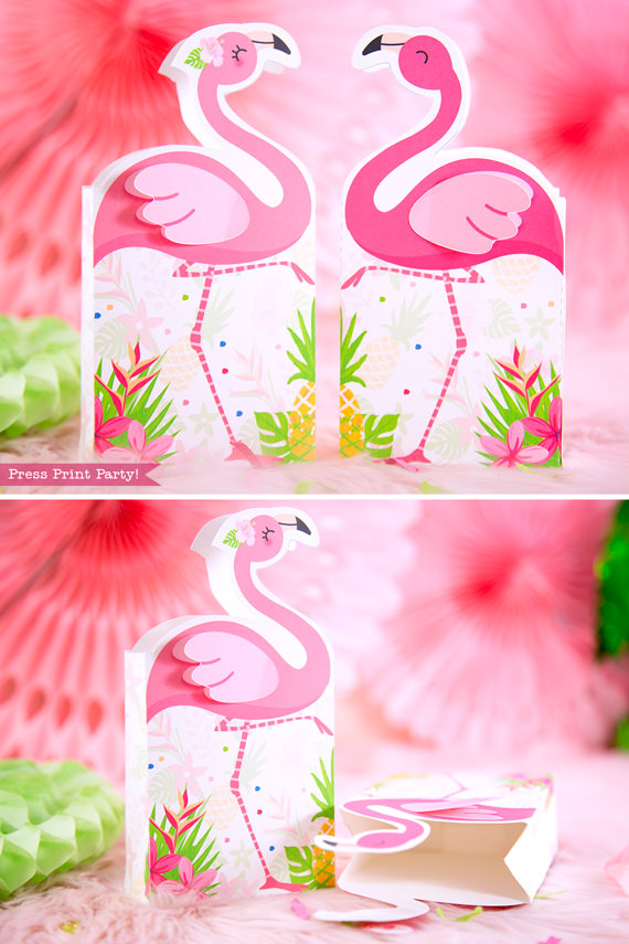 Flamingo party favor boxes or bags with girl and boy pink flamingos - Printables by Press Print Party!