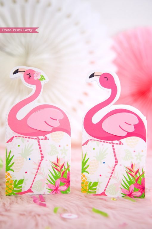 Flamingo party favor boxes or bags with girl and boy pink flamingos - Printables by Press Print Party!