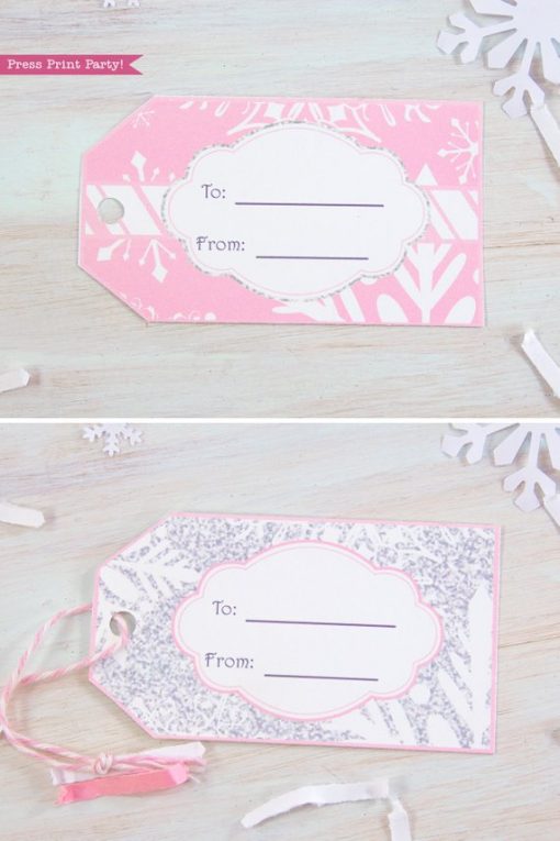 Winder ONEderland Printable birthday party favor tags - Christmas gift tags in pink and silver snowflakes - Press Print Party!
