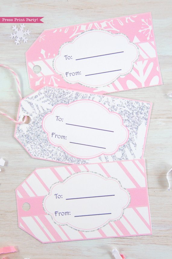 Winder ONEderland Printable birthday party favor tags - Christmas gift tags in pink and silver snowflakes - Press Print Party!