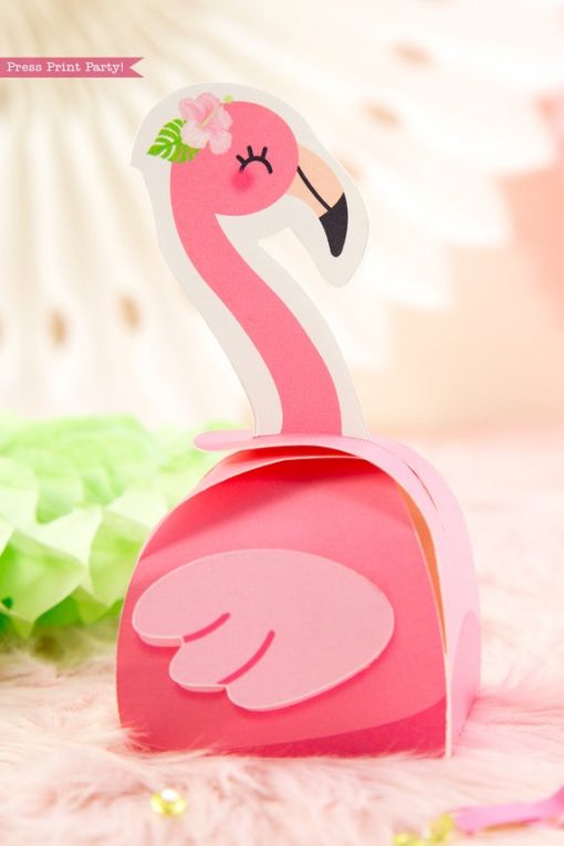 Flamingo party favor boxes DIY with girl pink flamingos - Printables by Press Print Party!