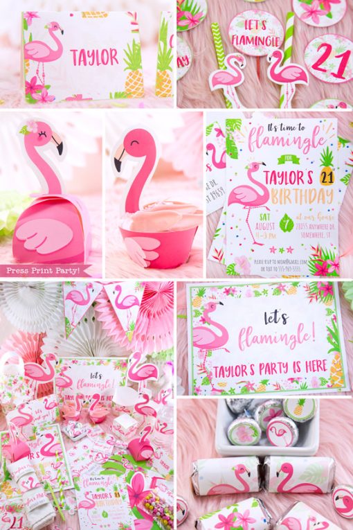 Flamingo party diy bundle with girl and boy pink flamingos - Printables by Press Print Party!