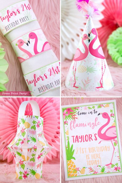 Flamingo party napking rings, party hat, party lantern decor, and sign with girl and boy pink flamingos - Printables by Press Print Party!