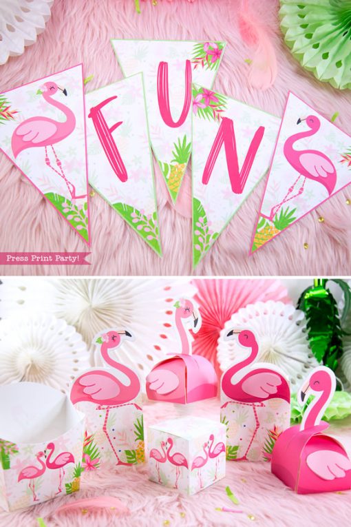 Flamingo party banner and boxes with girl and boy pink flamingos - Printables by Press Print Party!