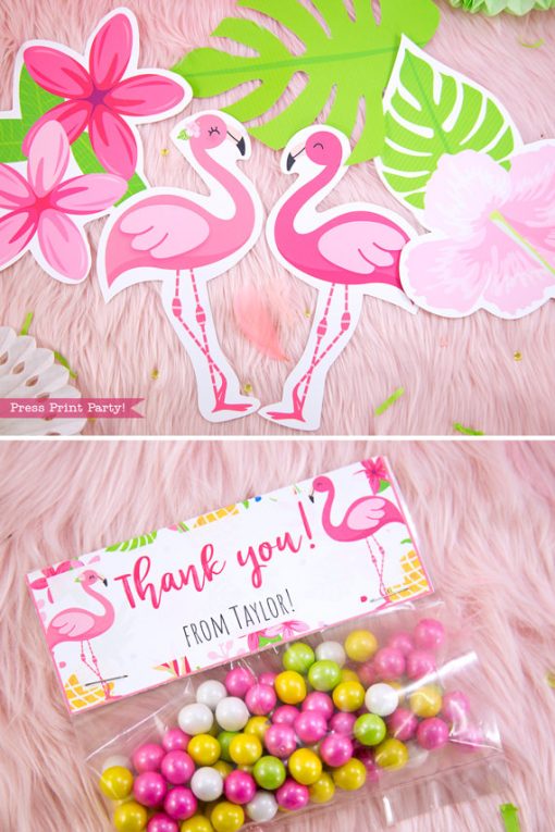 Flamingo party wall decor and thank you bags toppers with girl and boy pink flamingos - Printables by Press Print Party!