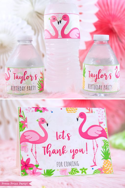 Flamingo party water bottle labels and thank you notewith girl and boy pink flamingos - Printables by Press Print Party!