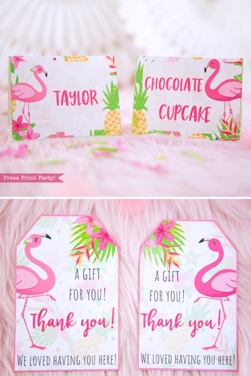 Flamingo party place cards and favor tags with girl and boy flamingo - Printables by Press Print Party!