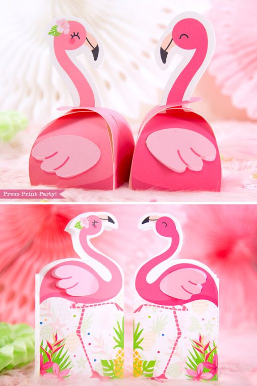 Flamingo party favor boxes and favor bags with girl and boy pink flamingos - Printables by Press Print Party!