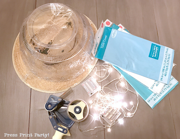 materials for jellyfish costume - jellyfish hat - led lights - packaging tape -Press Print Party!
