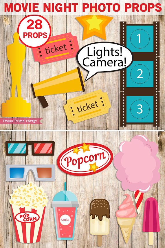 movie night photo booth props - Hollywood party props - printables by Press Print Party!