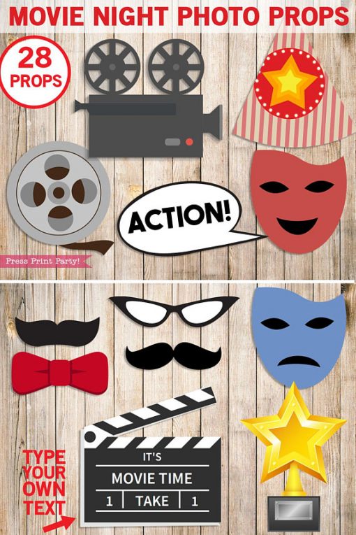 movie night photo booth props - Hollywood party props - printables by Press Print Party!