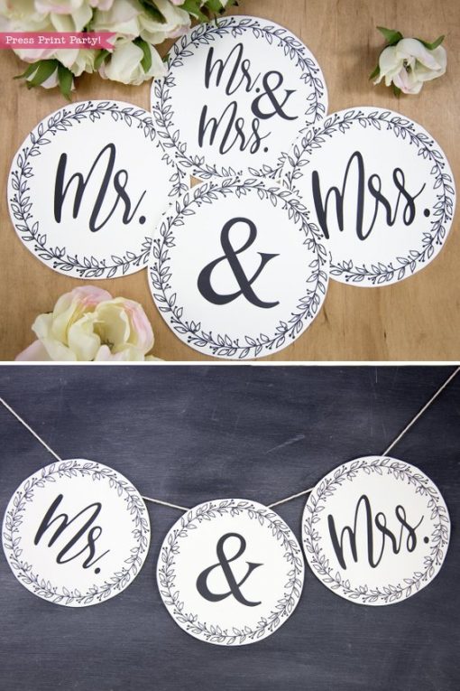 Rustic Wedding banner mr and mrs - Rustic Leaf Design- Press Print Party!