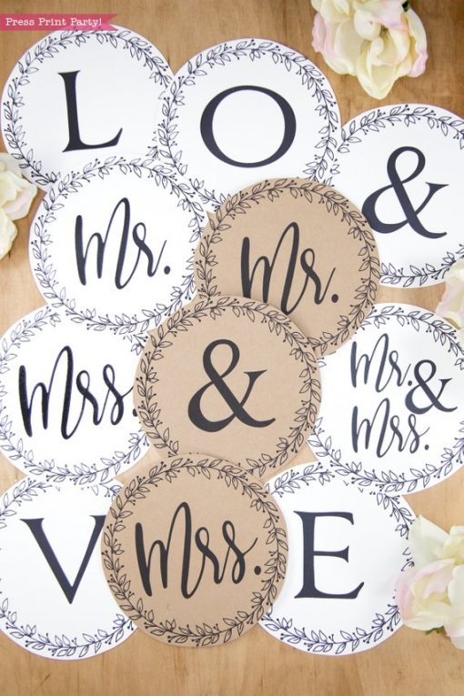 Rustic Wedding banner mr and mrs - print your own letters - Kraft - Rustic Leaf Design- Press Print Party!