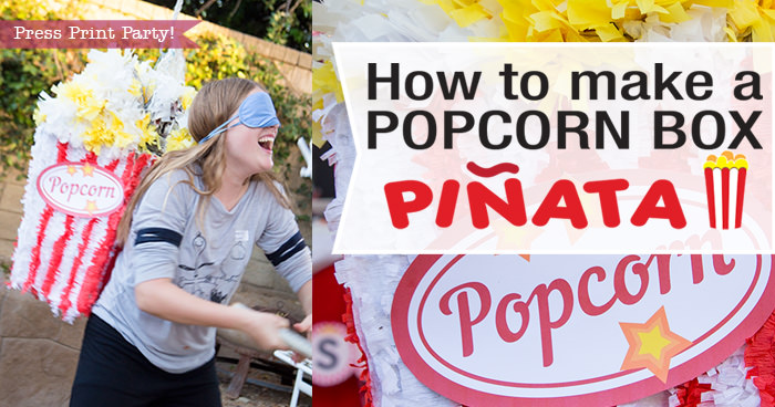 How to make a popcorn box Pinata - DIY by Press Print Party! Girl whacking pinata