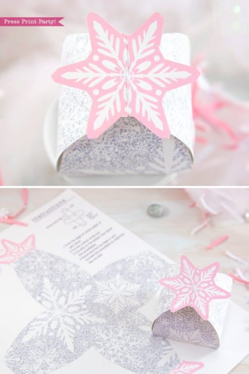 Winder ONEderland Printable birthday party favor box in pink and silver snowflakes - Press Print Party!
