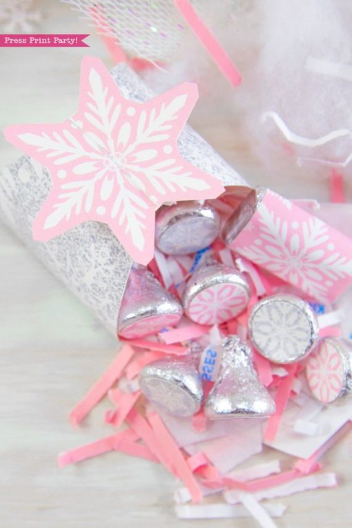 Winder ONEderland Printable birthday party favor box in pink and silver snowflakes - Press Print Party!