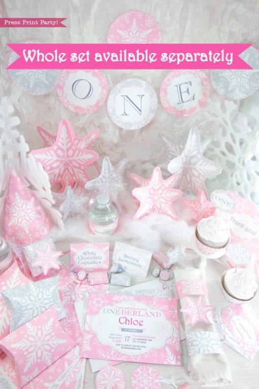 Winder ONEderland Printable birthday party decorations, invitation, favor box, cupcake wrappers, bottle wrappers, in pink and silver snowflakes - Press Print Party!