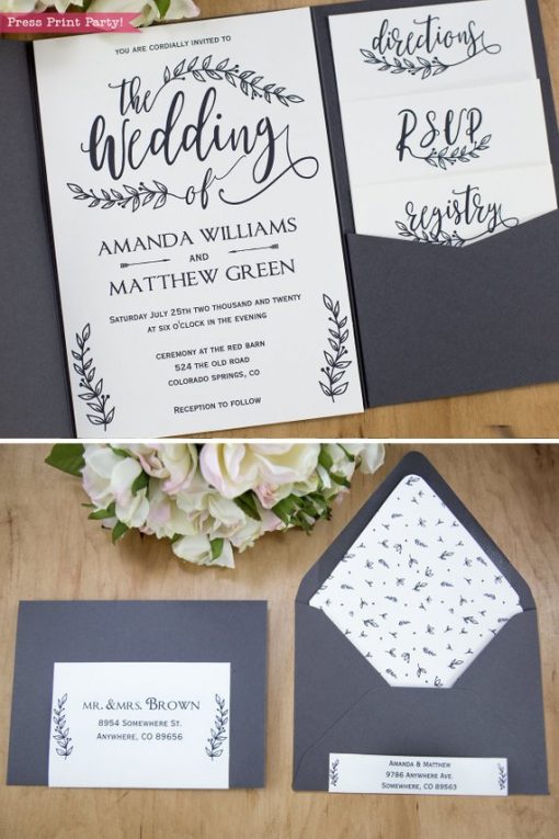 Rustic Wedding Invitation Template Printable Set, Wedding Invitation Suite, w rsvp cards, envelope insert, address label, & more cards - Rustic Leaf Design- Press Print Party!