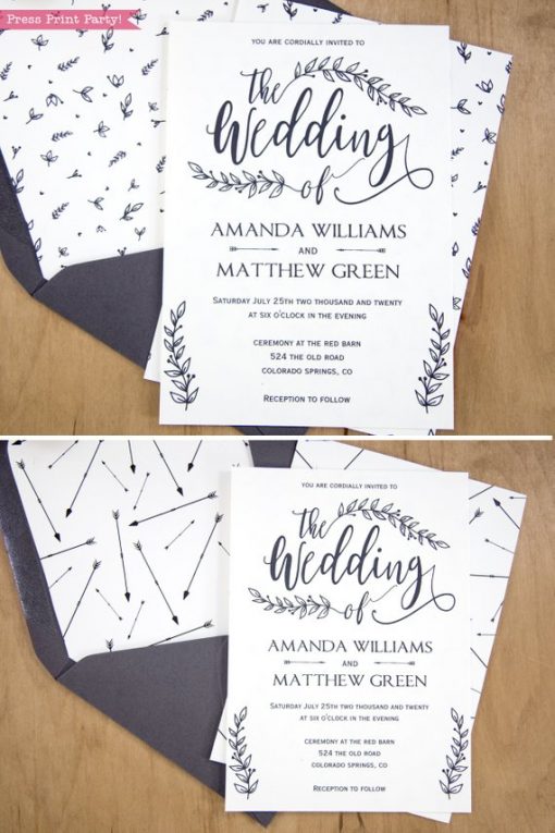Rustic Wedding Invitation Template Printable Set, Wedding Invitation Suite, w rsvp cards, envelope insert, address label, & more cards - Rustic Leaf Design- Press Print Party!