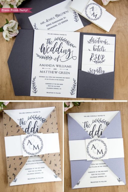 Rustic Wedding Invitation Template Printable Set, Wedding Invitation Suite, w rsvp cards, envelope insert, address label, & more cards - Rustic Leaf Design- Press Print Party!