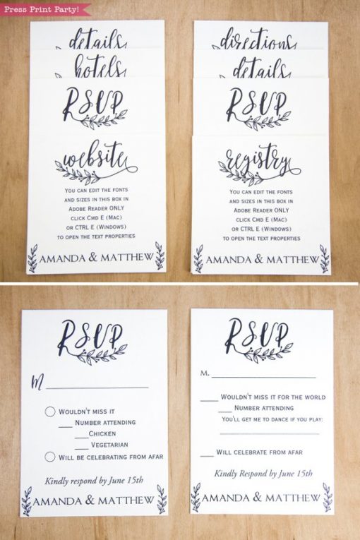 Rustic Wedding Invitation Template Printable Set, Wedding Invitation Suite, w rsvp cards, envelope insert, address label, & more cards - Rustic Leaf Design- Press Print Party!