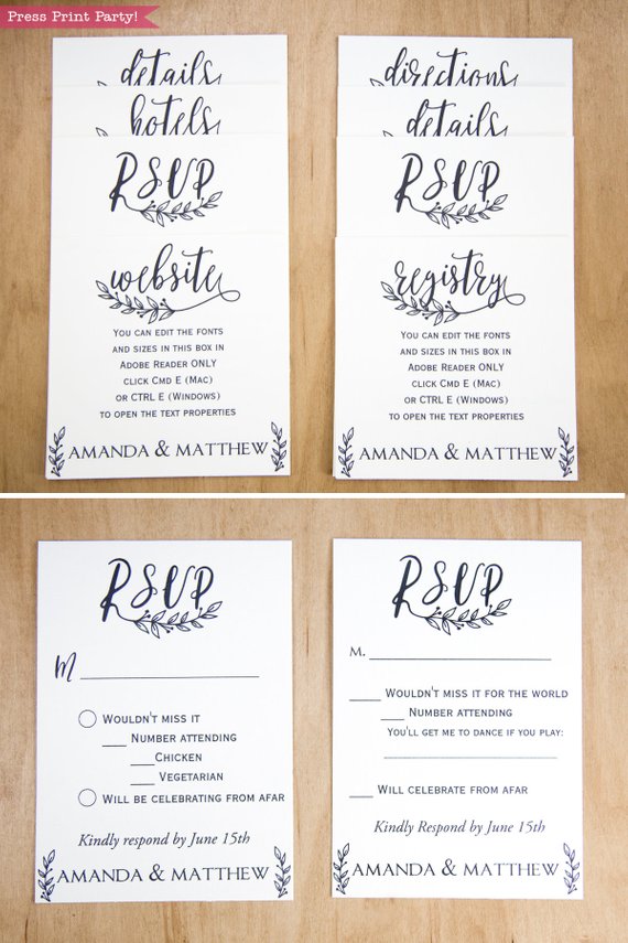 Rustic Wedding Invitation Template Printable Set, Wedding Invitation Suite, w rsvp cards, envelope insert, address label, & more cards - Rustic Leaf Design- Press Print Party!