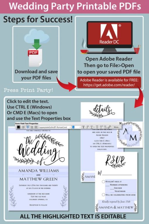 Rustic Wedding Invitation Template Printable Set, Wedding Invitation Suite, w rsvp cards, envelope insert, address label, & more cards - Rustic Leaf Design- Press Print Party!