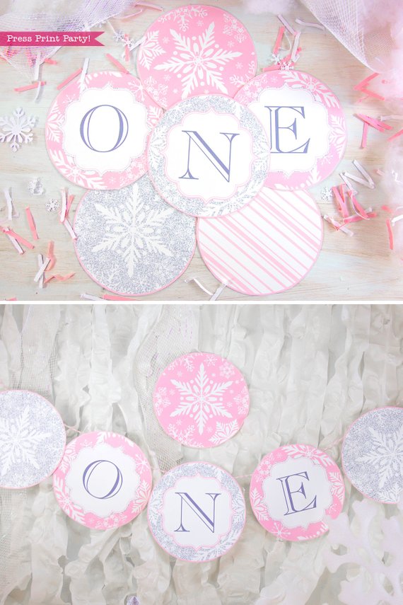 Winder ONEderland Printable girl birthday party banner pink and silver snowflakes - Press Print Party!