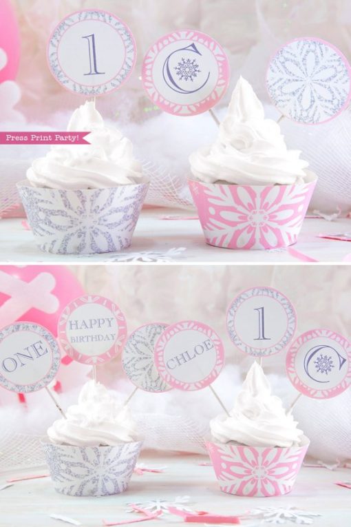 Winder ONEderland Printable girl birthday party cupcake wrappers and toppers pink and silver snowflakes - Press Print Party!