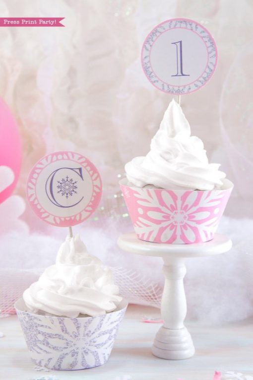 Winder ONEderland Printable girl birthday party cupcake wrappers and toppers pink and silver snowflakes - Press Print Party!