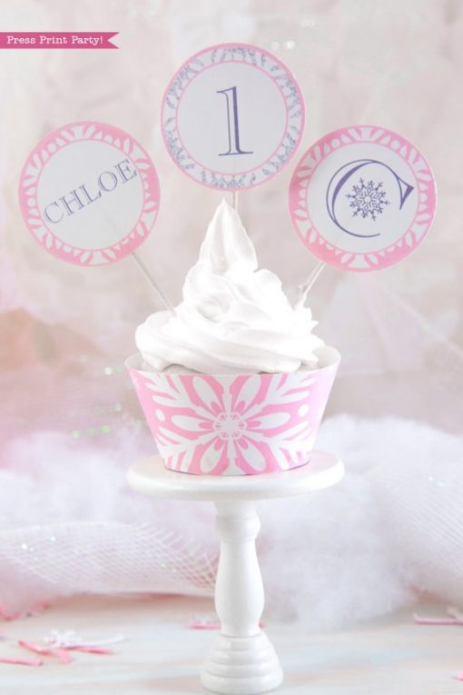 Winder ONEderland Printable girl birthday party cupcake wrappers and toppers pink and silver snowflakes - Press Print Party!
