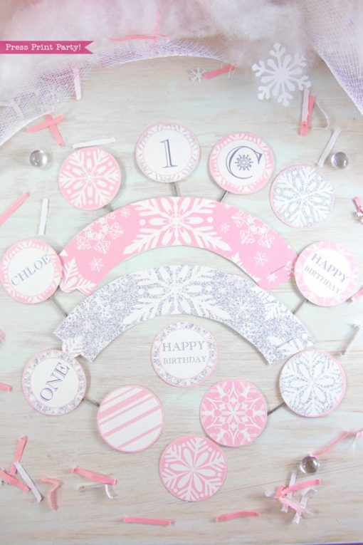 Winder ONEderland Printable girl birthday party cupcake wrappers and toppers pink and silver snowflakes - Press Print Party!