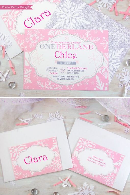 Winder ONEderland Printable girl birthday party invitation in pink and silver snowflakes - Press Print Party!