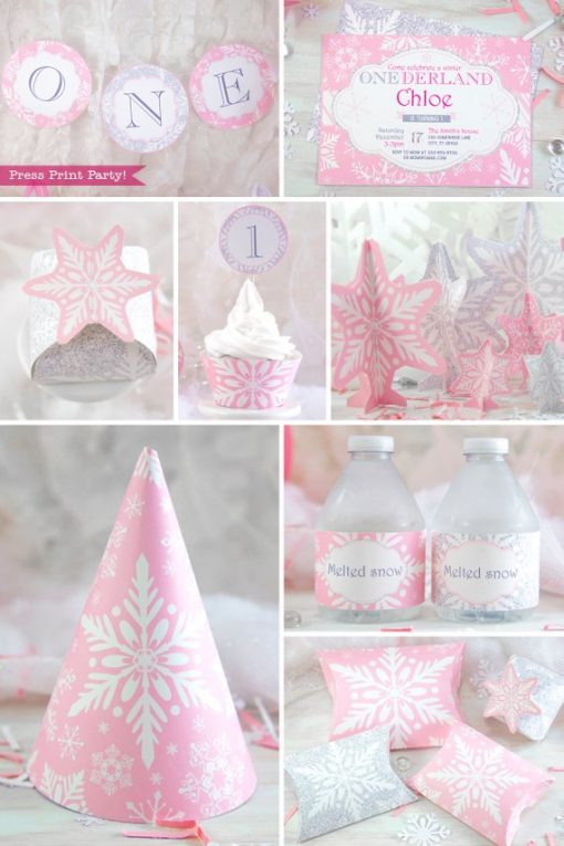 Winder ONEderland Printable birthday party decorations, invitation, favor box, cupcake wrappers, bottle wrappers, in pink and silver snowflakes - Press Print Party!