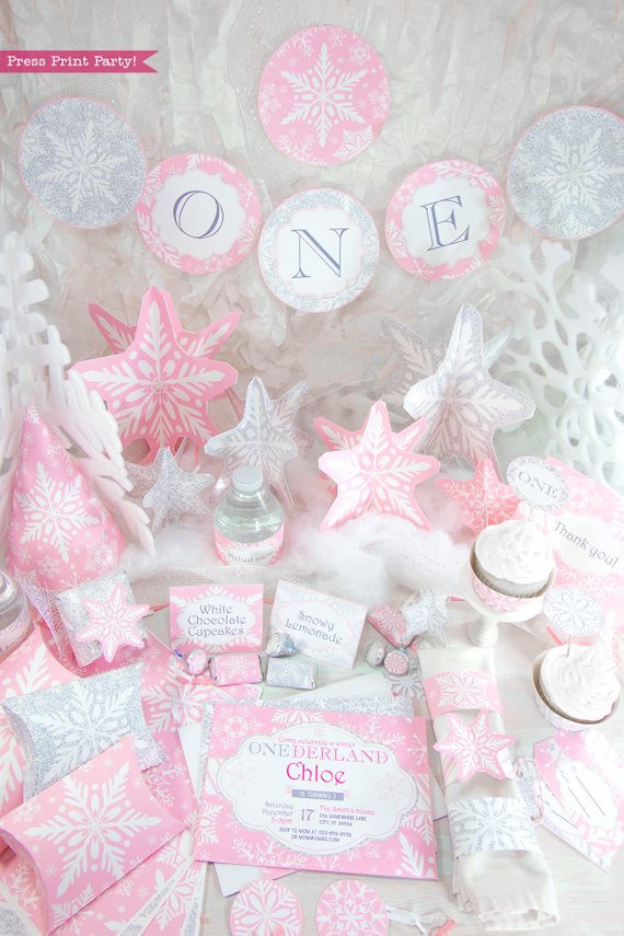 Winder ONEderland Printable birthday party decorations - banner, invitation, hat, cupcake toppers, in pink and silver snowflakes - Press Print Party!