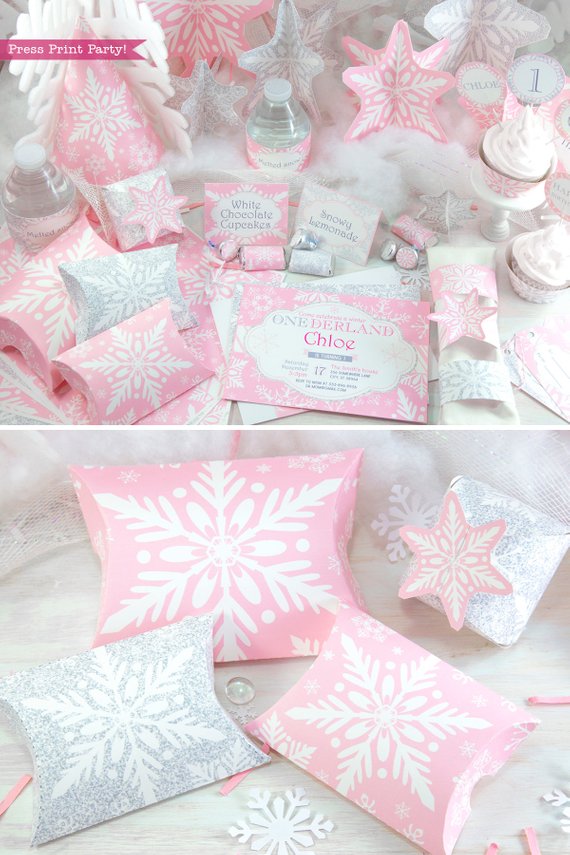 Winder ONEderland Printable birthday party decorations, favor boxes, invitation, place card, napkin rings, in pink and silver snowflakes - Press Print Party!